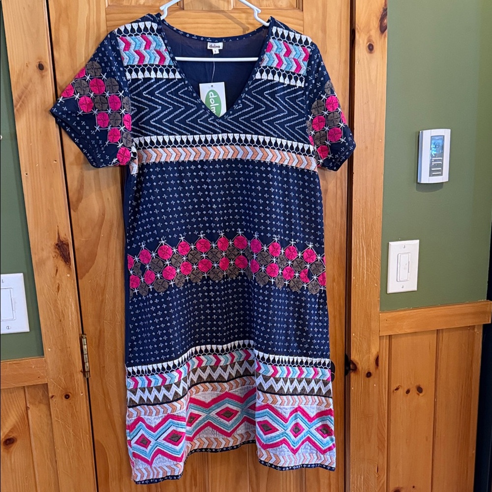 NWT Dolma Navy and Pink Patterned Dress Cotton Dress, Size Small.